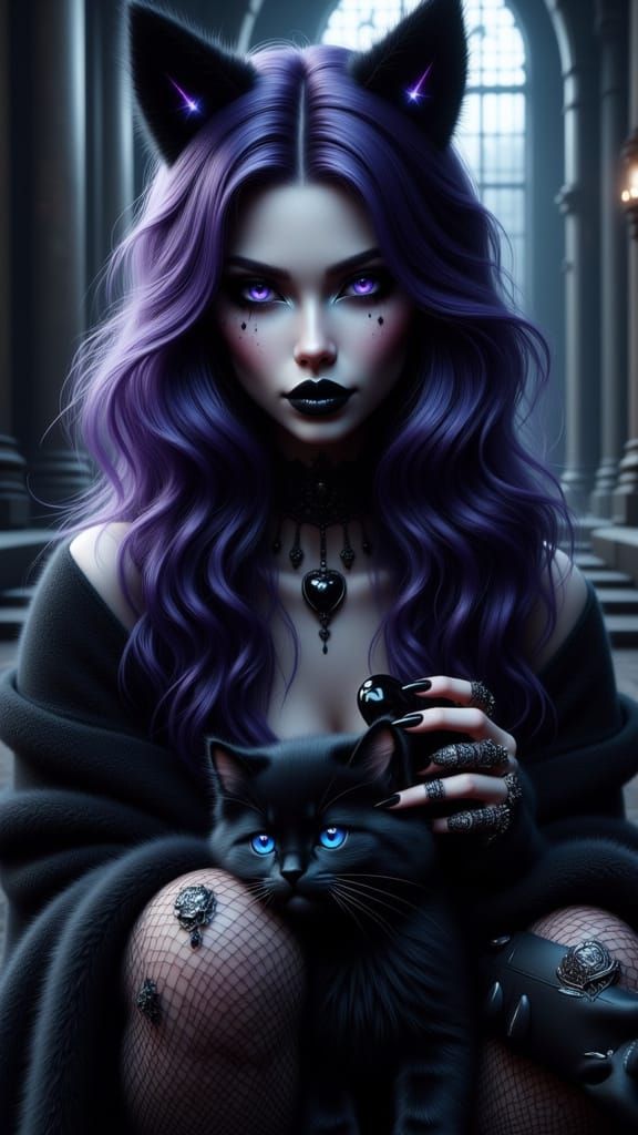 Goth Woman with Kitty in Dystopian Castle