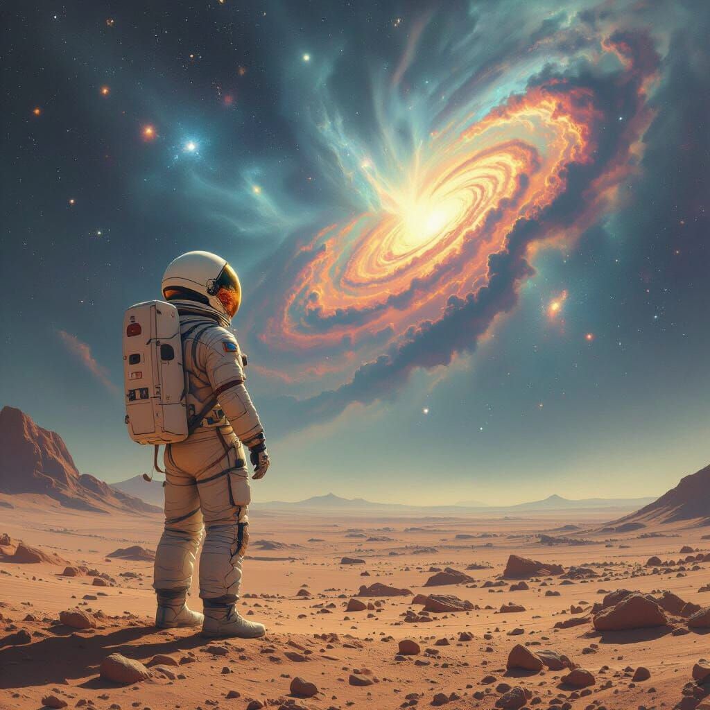 Astronaut Gazing at Cosmic Sky in Photorealistic Style