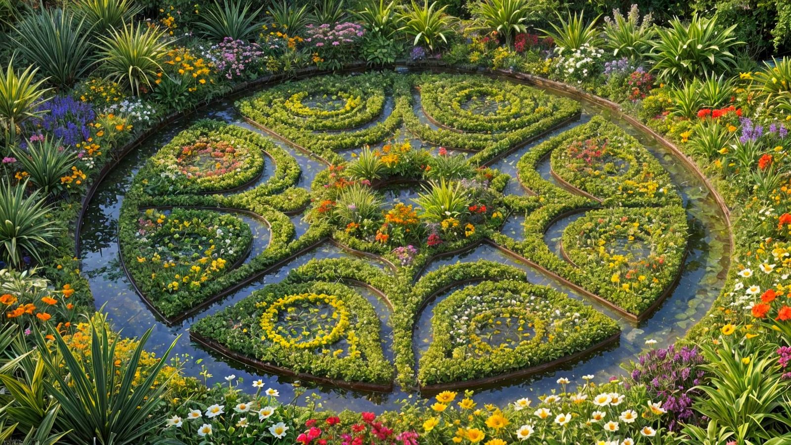 Symmetrical Biophilic Garden with Flowing Water