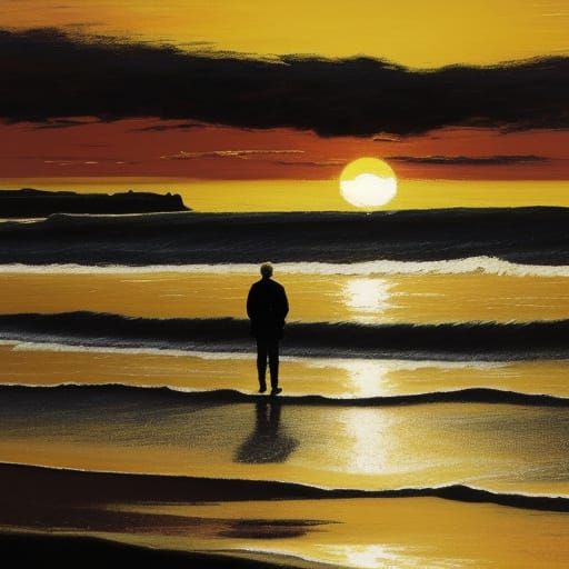 Solitary Beach Figure at Sunset Impressionist Oil Painting