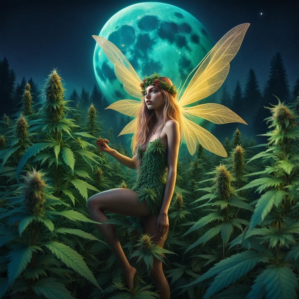Marijuana Fairy in Moonlit Field, Hyperrealistic Style
