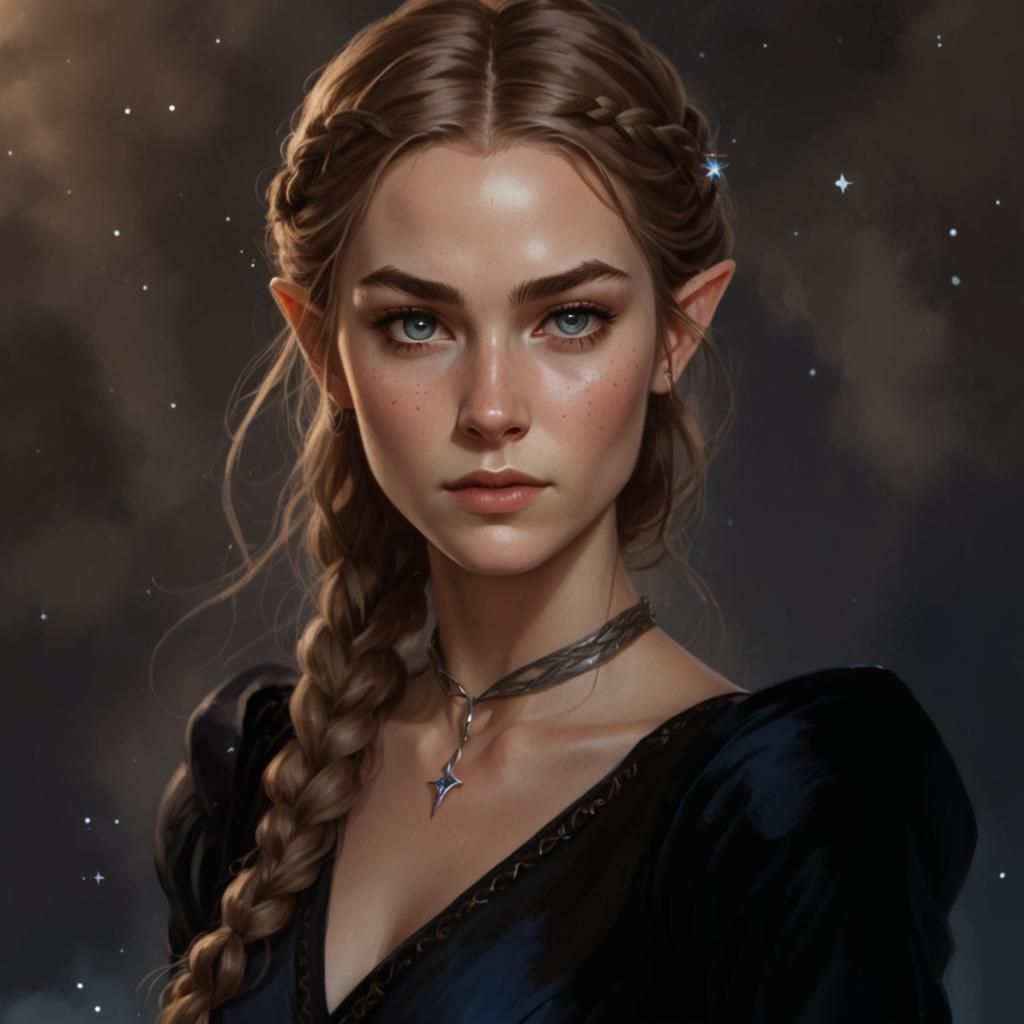 Elven Woman Portrait with Braided Hair and Silver Eyes