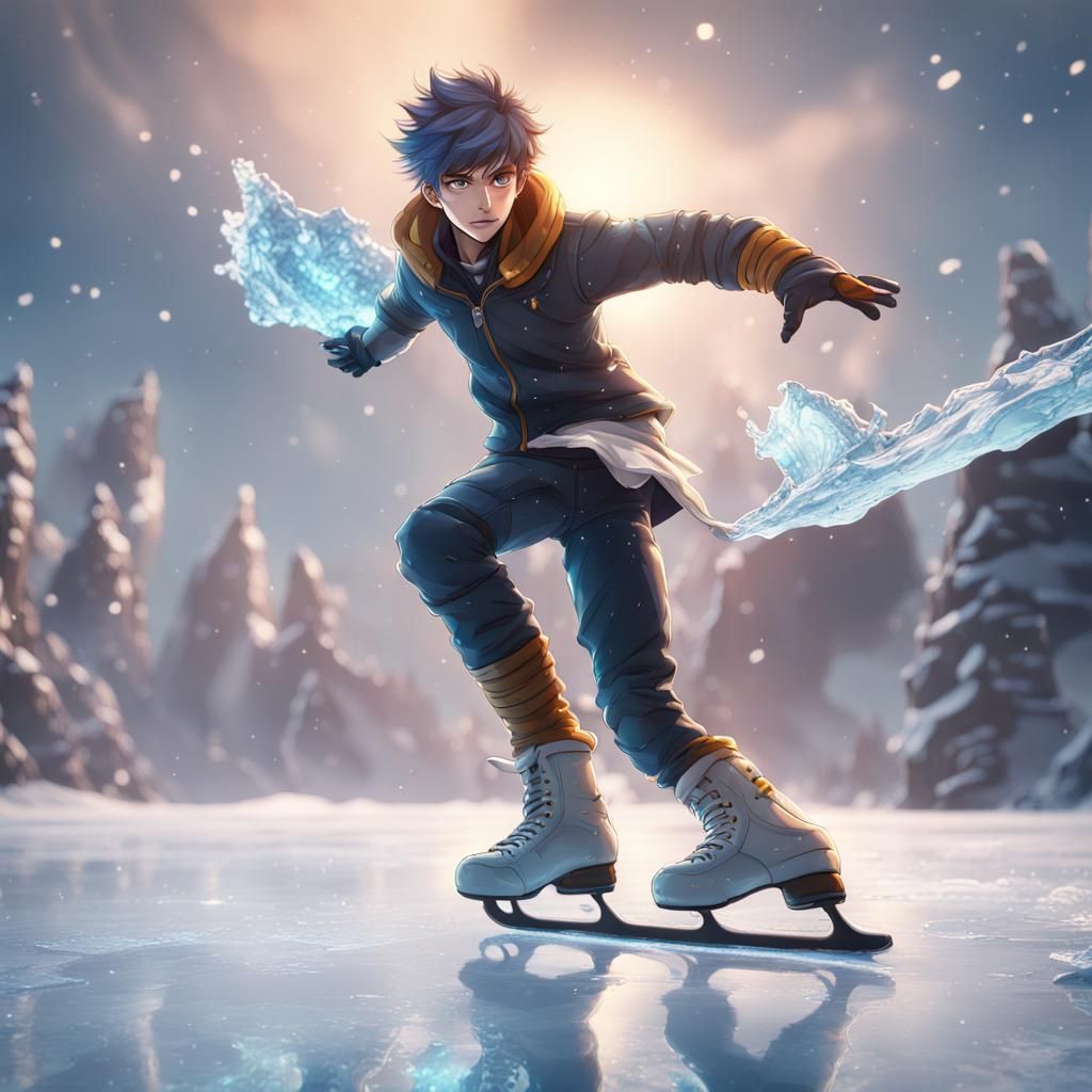 Anime Protagonist Ice Skating on Destroyed Ice Surface