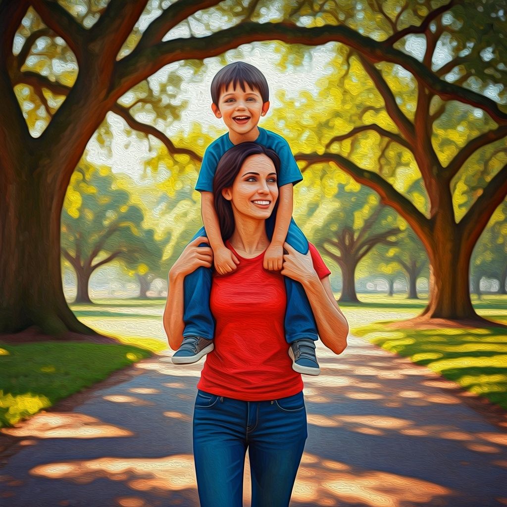Joyful Mother and Son in Sunlit Park Oil Painting