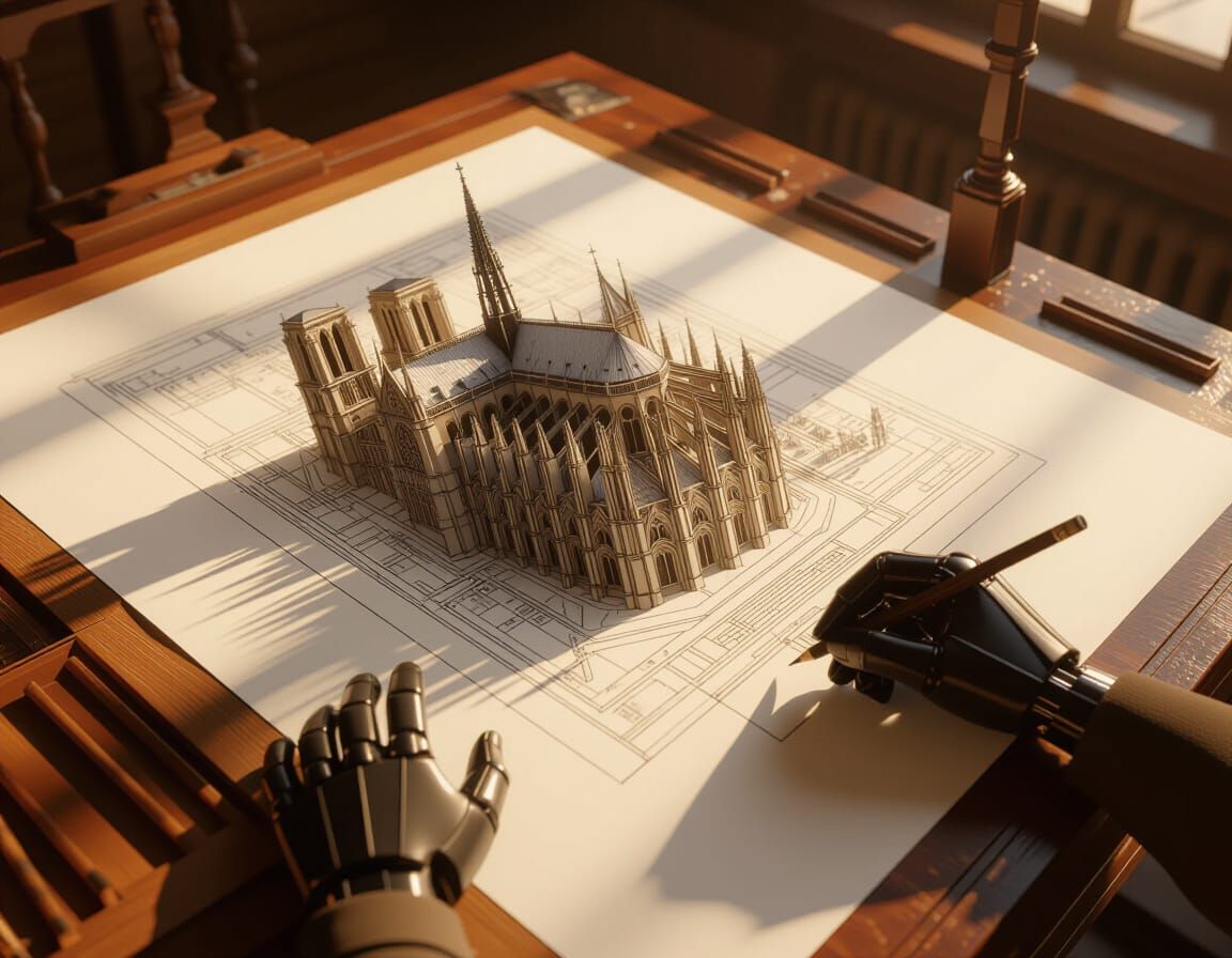 Android Creates Gothic Cathedral Drawing in Magic Hour Light
