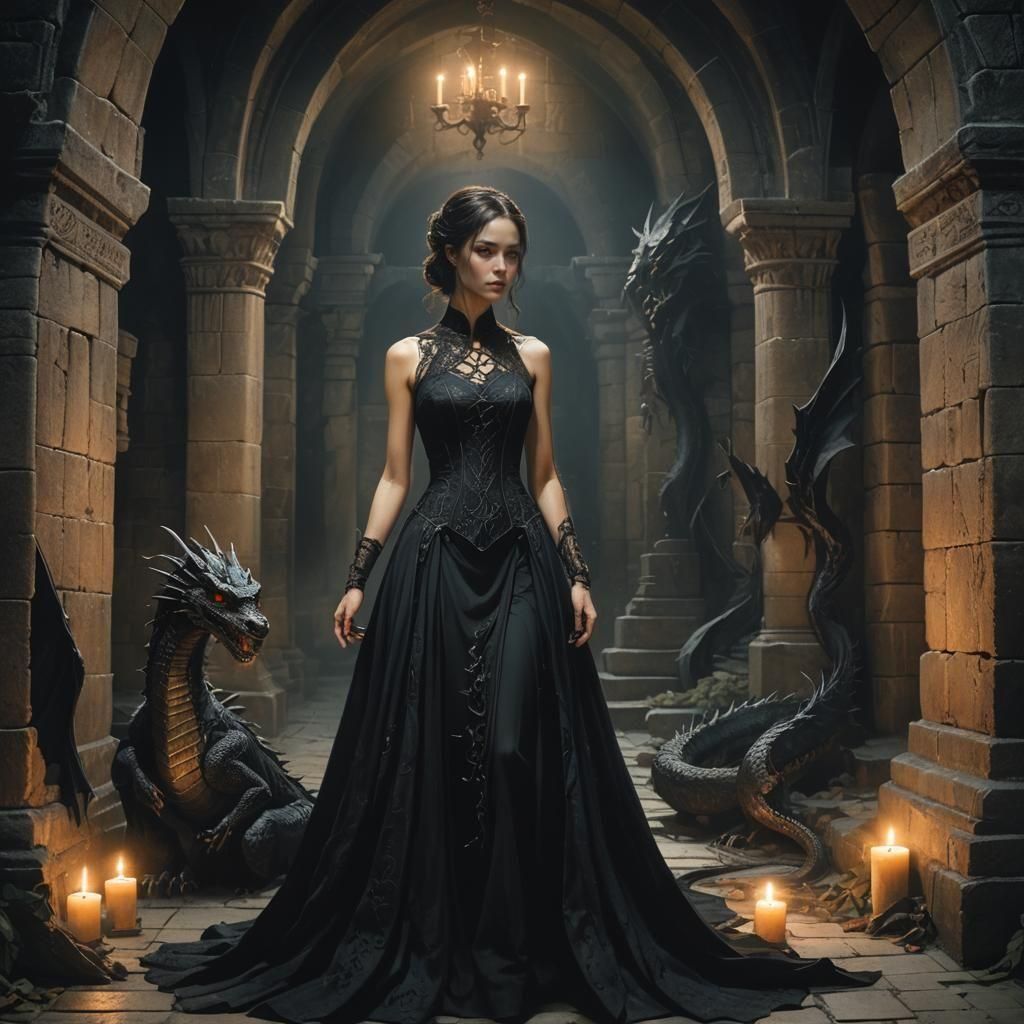 Woman in Black Dress with Dragon