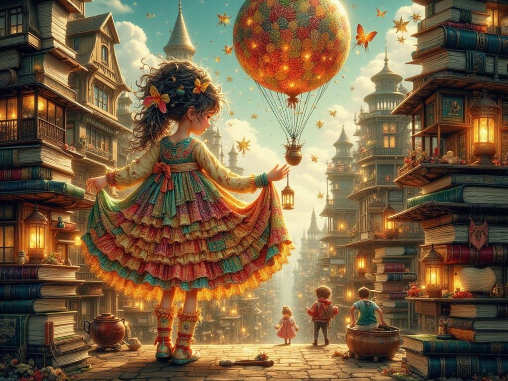 Whimsical Woman in Balloon Dress Floats Above Storybook City