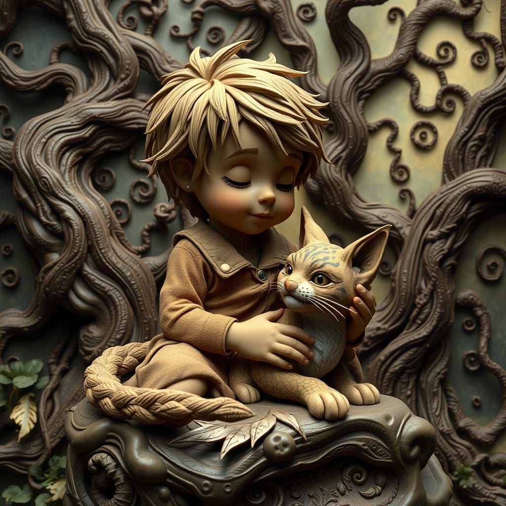 Whimsical Boy Plays with Majestic Feline Companion in Ancien...