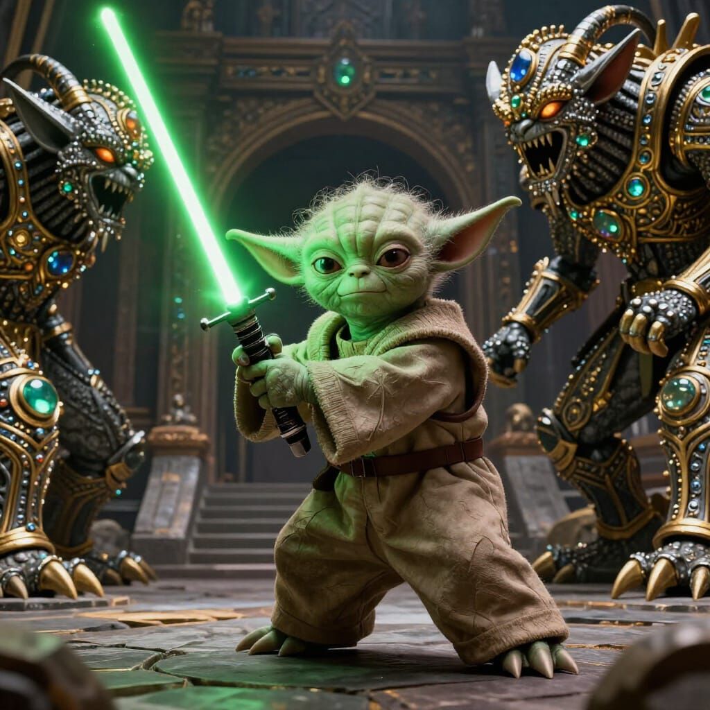 Young Yoda in Battle with Stone Creatures