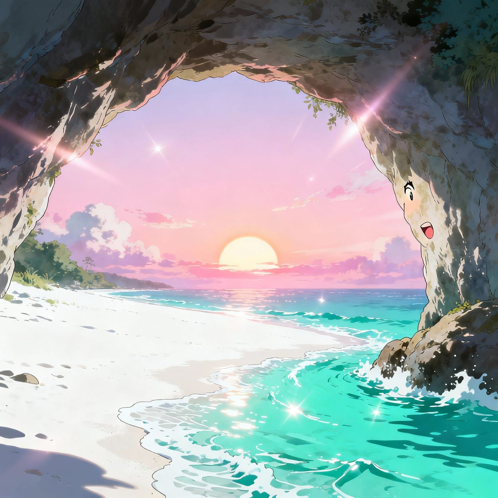 Hidden Cove with Turquoise Waves Under Pastel Sky