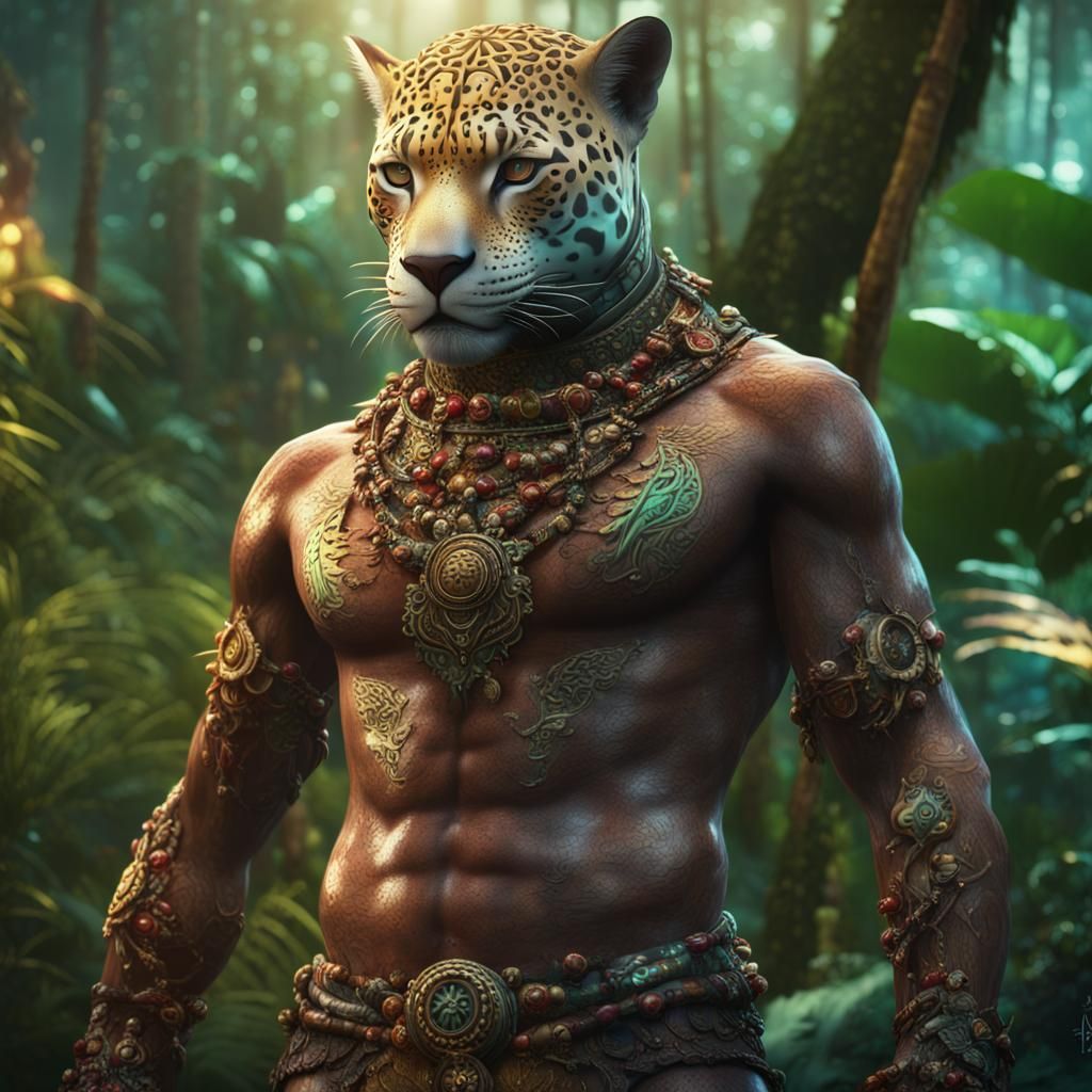 Jaguar-Human Fusion Warrior in Detailed Jungle
