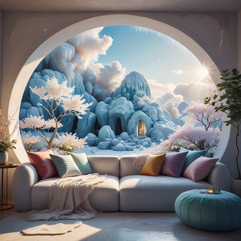 Igloo Living Room with Ice Lamp in Pastel Colors