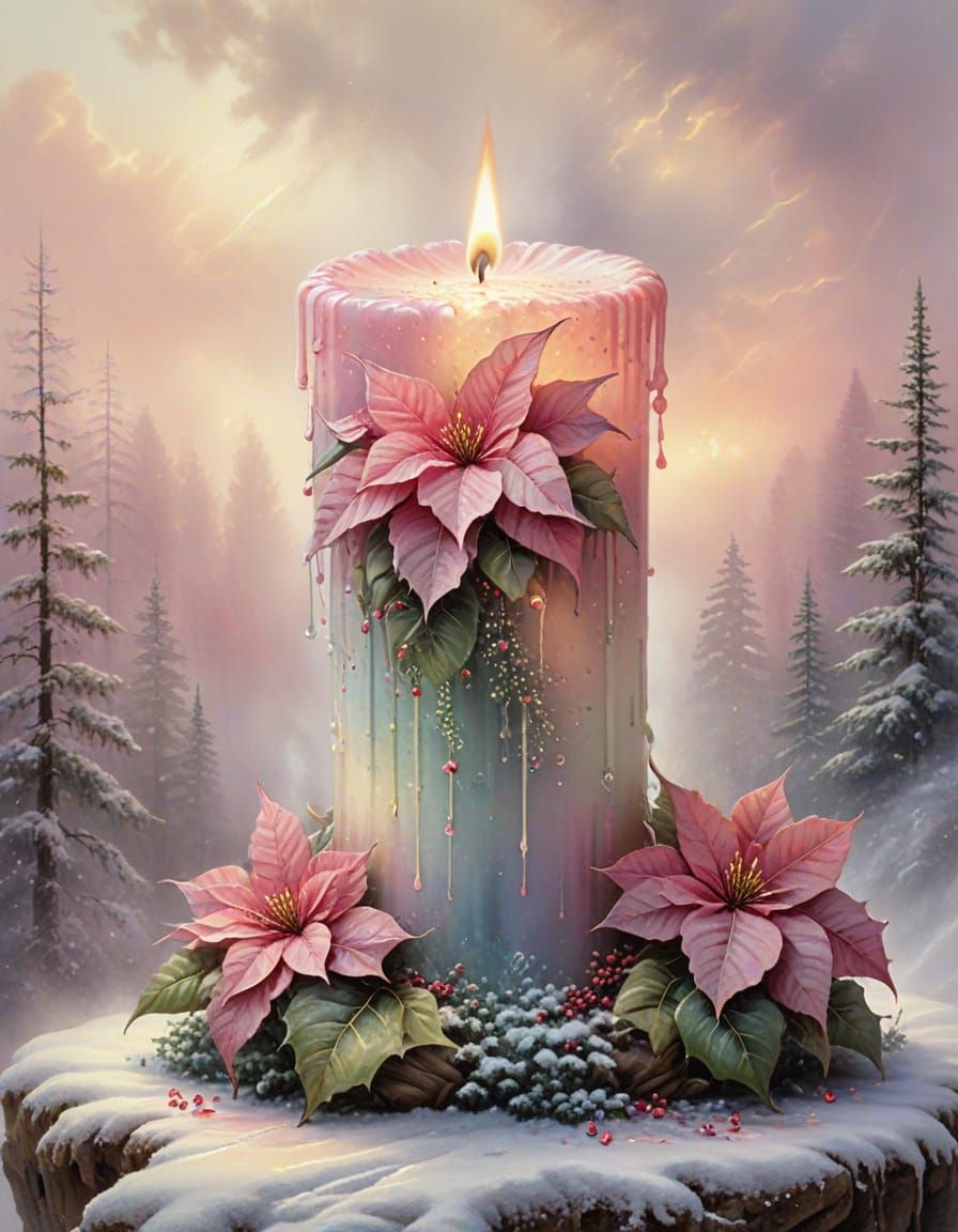 Poinsettia Grows from Burning Candle in Watercolour