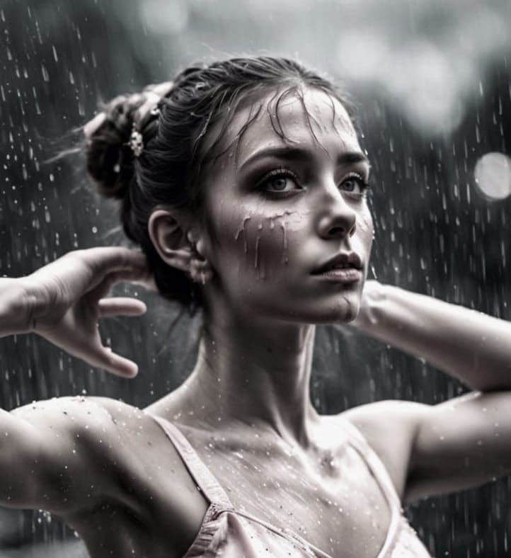 Ethereal Ballerina Dances in Rainy Cityscape