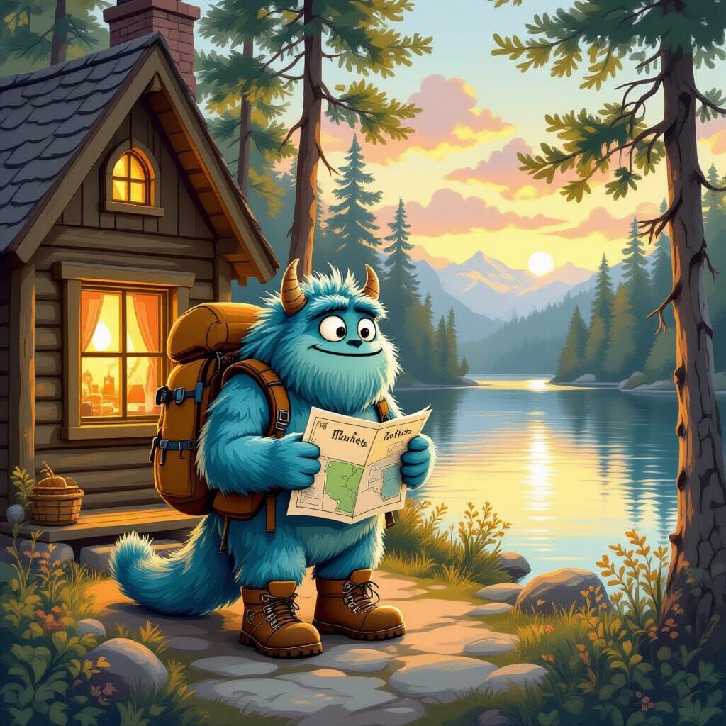 Friendly Monster Visits Lakeside Cabin in Storybook Style