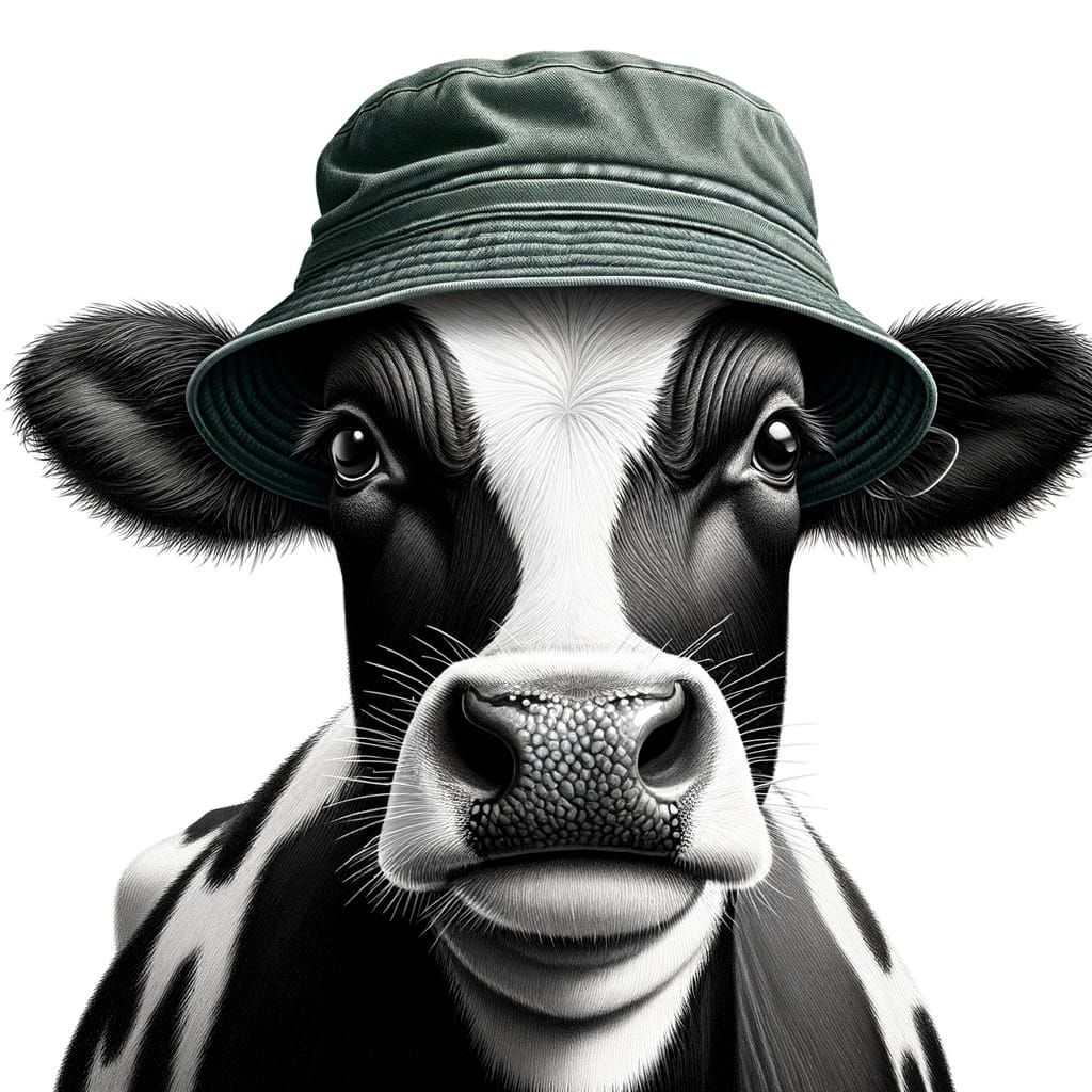 Friendly Cow Wearing a Grassy Green Bucket Hat