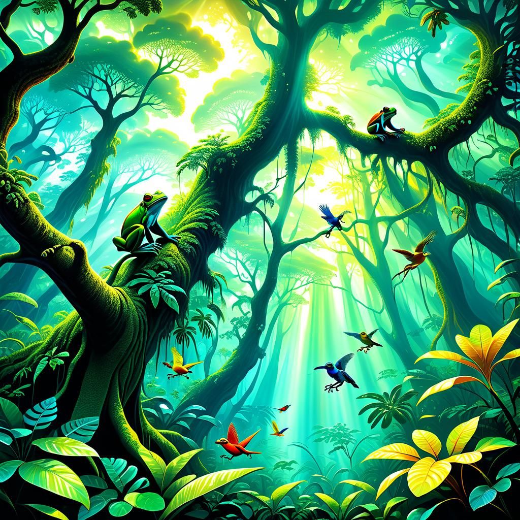 rainforest , lush vegetation , colorful birds, monkeys
