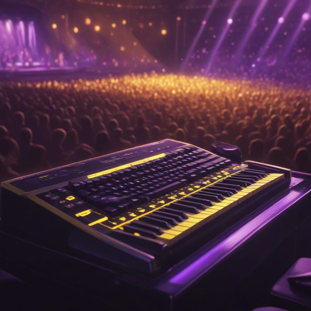 Keyboard on Stage Before Audience in Dramatic Yellow Lightin...
