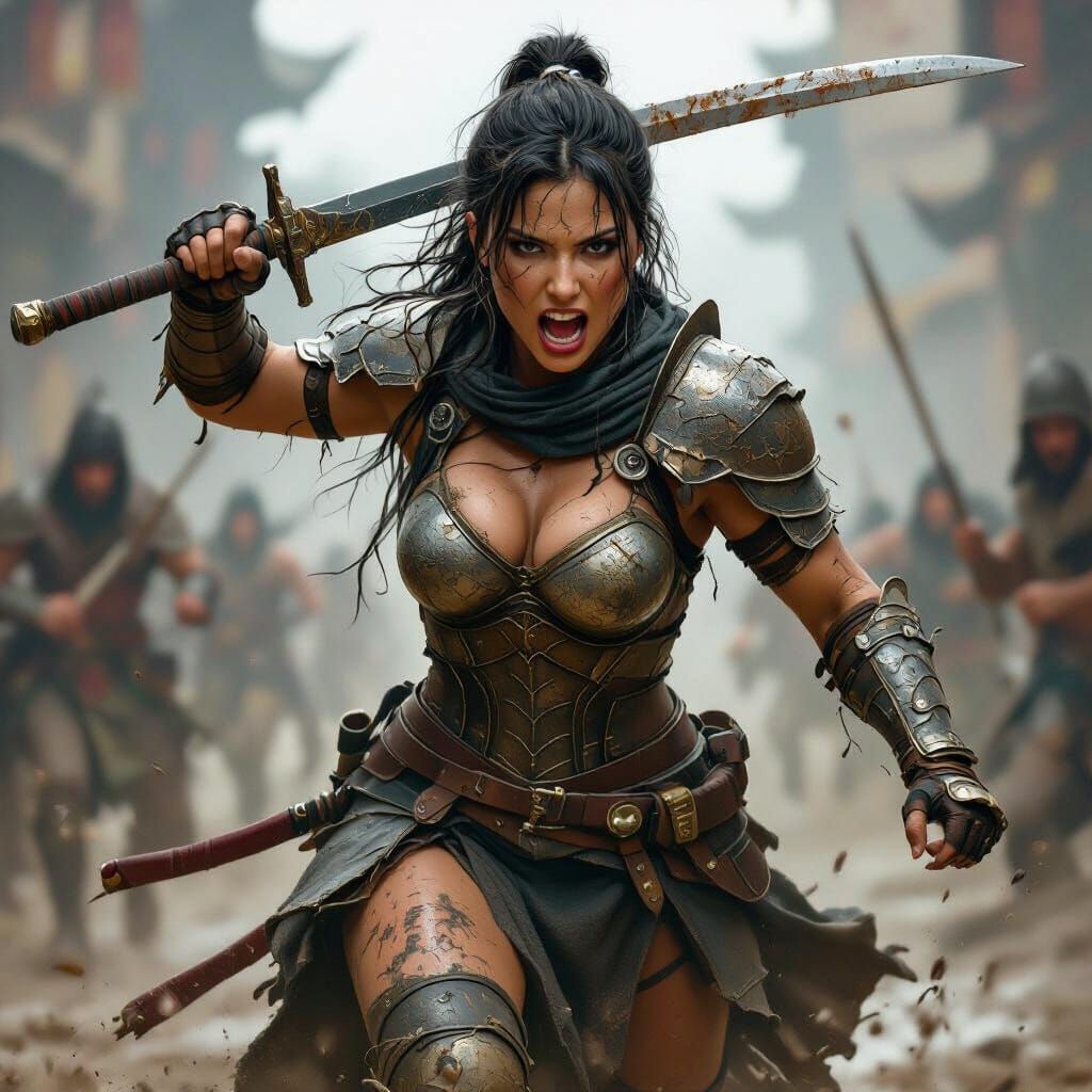 Warrior Woman Charges with Naginata in Hyperrealistic Style