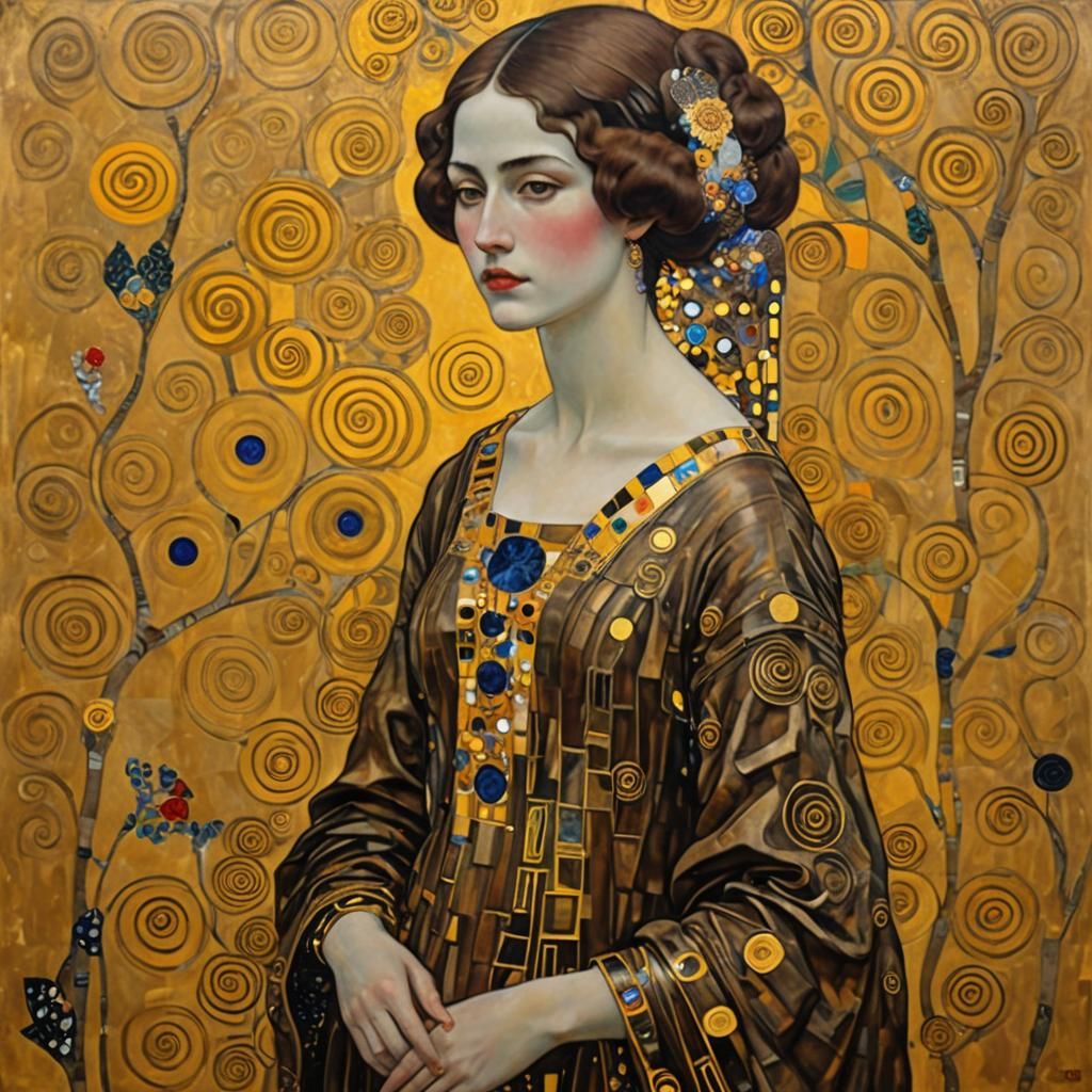 Woman in Bronze and Yellow, Klimt-Inspired Oil Painting