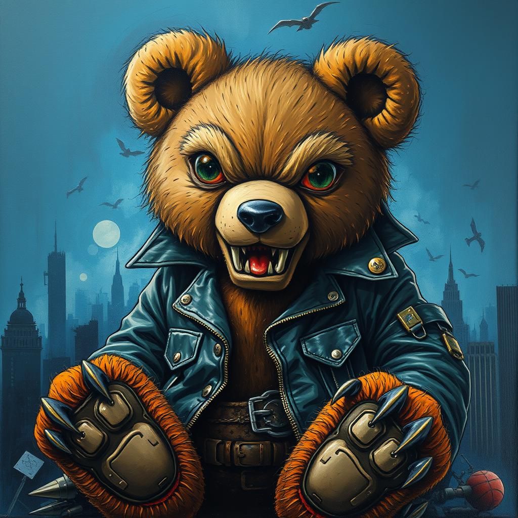 Menacing Teddy Bear in Dystopian Cityscape, Impasto Style