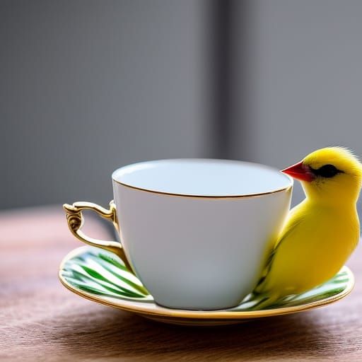 Canary in Teacup: Photorealistic Wide Angle