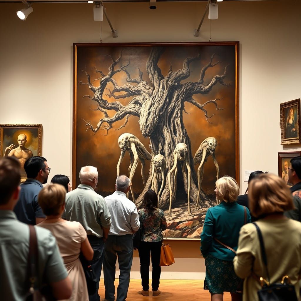 Art Gallery Scene with Surreal Monsters