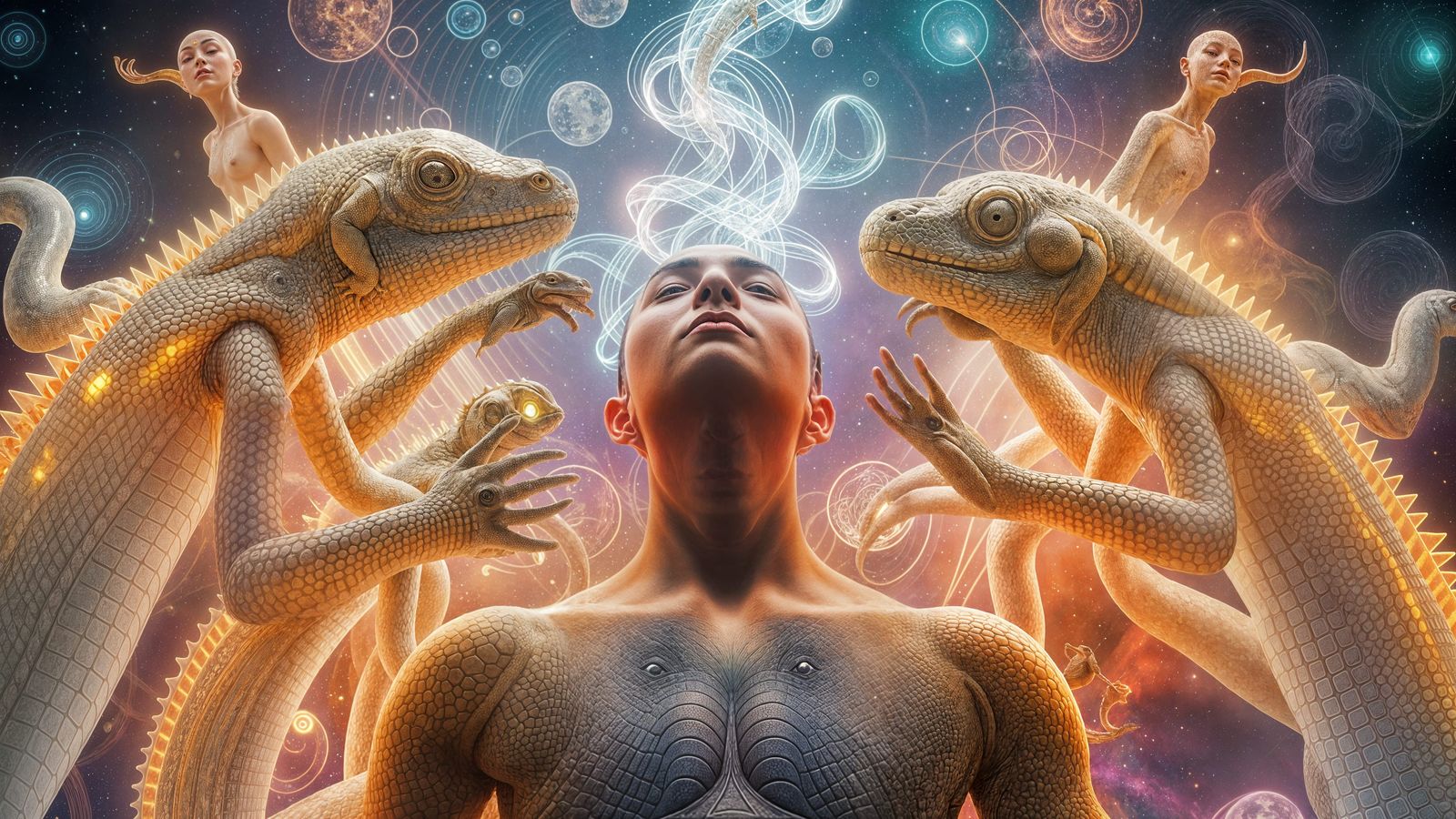 Luminous Reptile Aliens in Astral Illustration