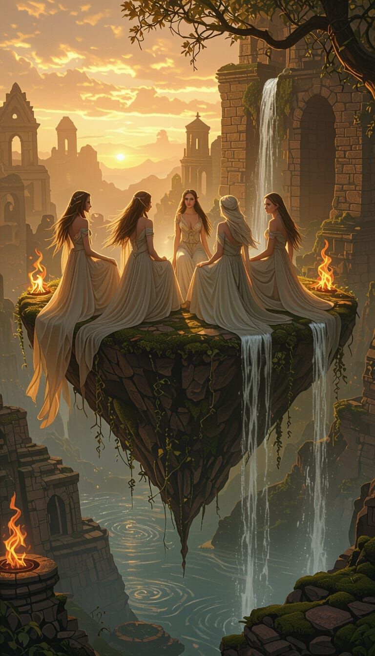 Elven Women on Floating Island in Golden Hour