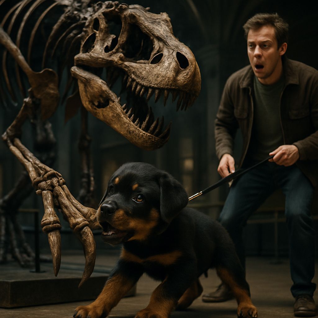 Rottweiler Puppy Steals Dinosaur Bone in Museum