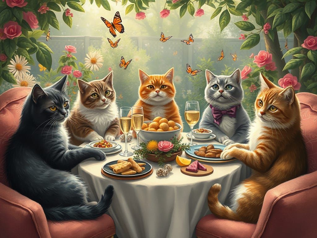Cats Gather in a Whimsical Garden Feast
