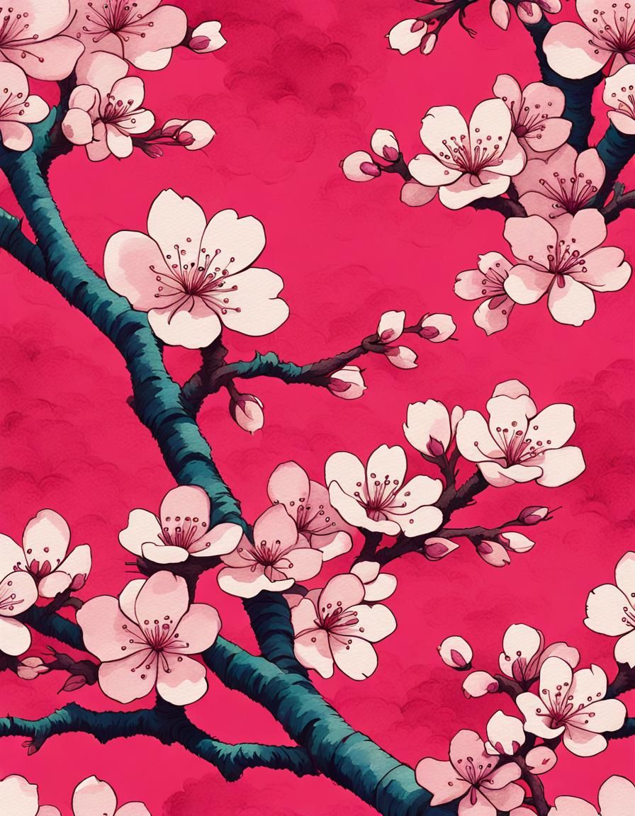 Cherry Blossoms in Ukiyo-e Style on Washi Paper