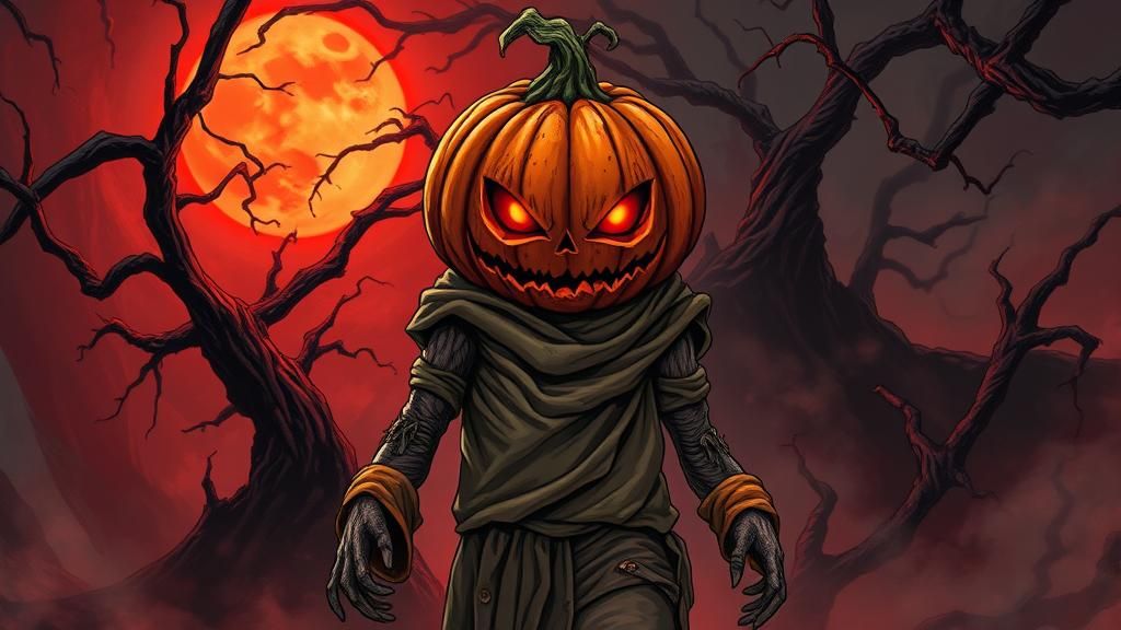 Pumpkin-Headed Creature in Eerie Halloween Scene