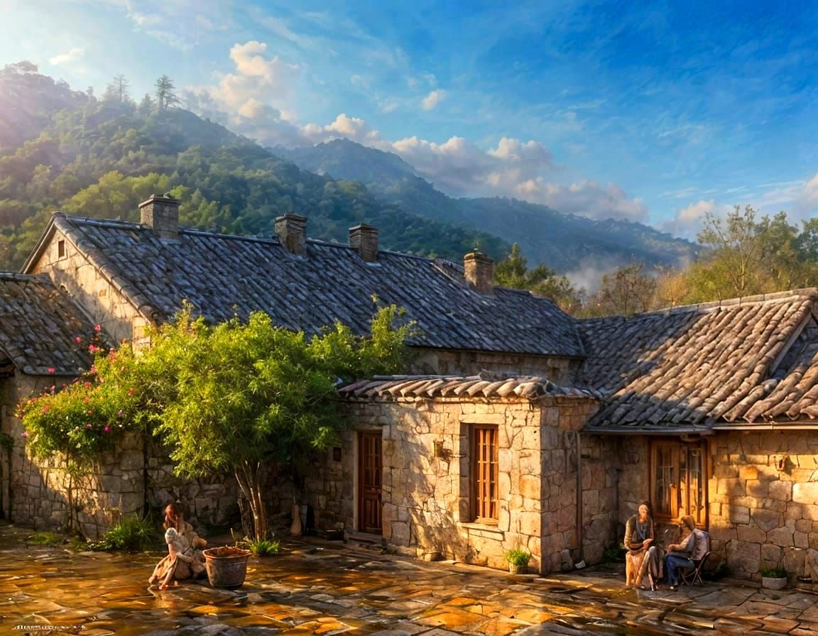 Whimsical Watercolor Scene of Steaming Coffee by Sunset