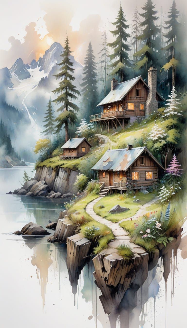 Lakeside Village in Pacific Northwest, Watercolour Art