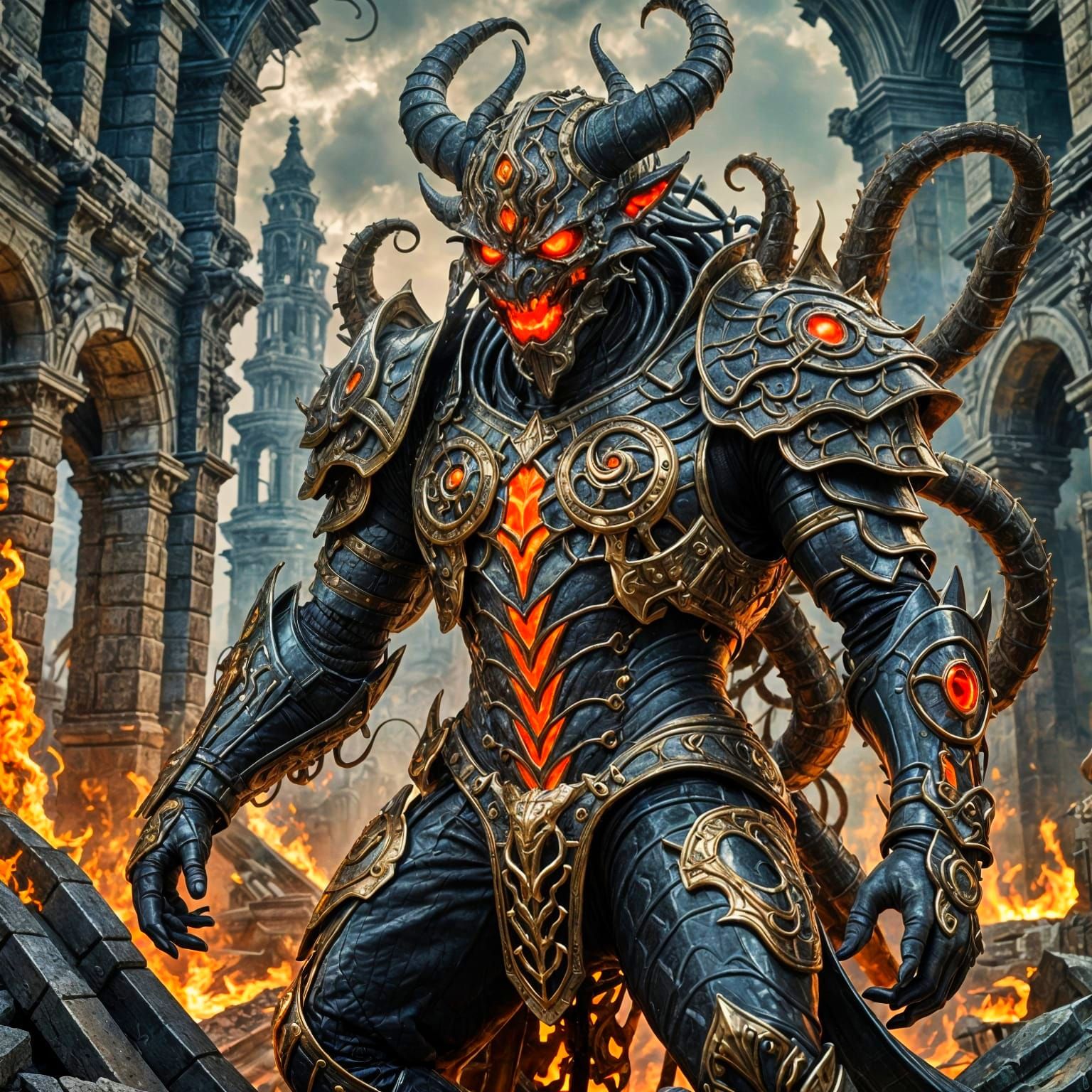 Ominous Tentacle Demon in Ruins with Glowing Eyes