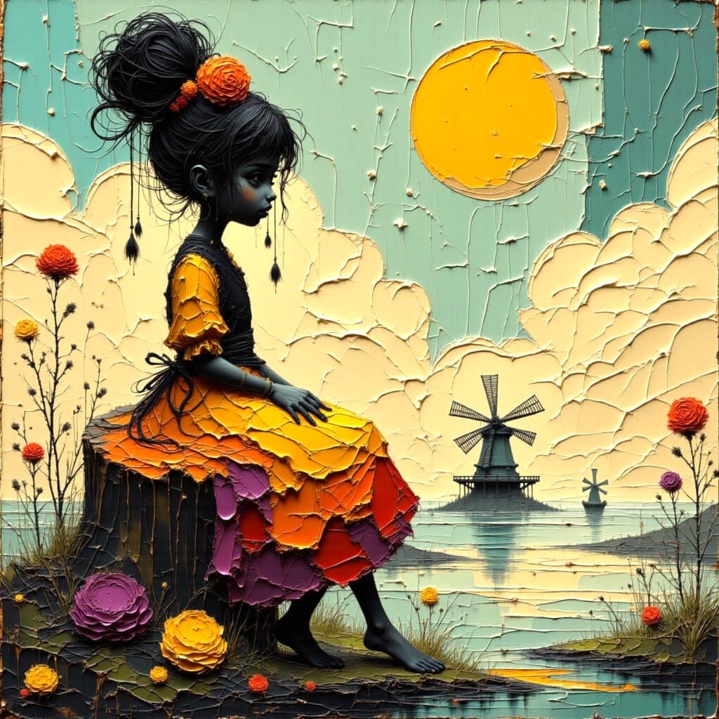 Whimsical Samurai Girl on Farm as Impasto Painting