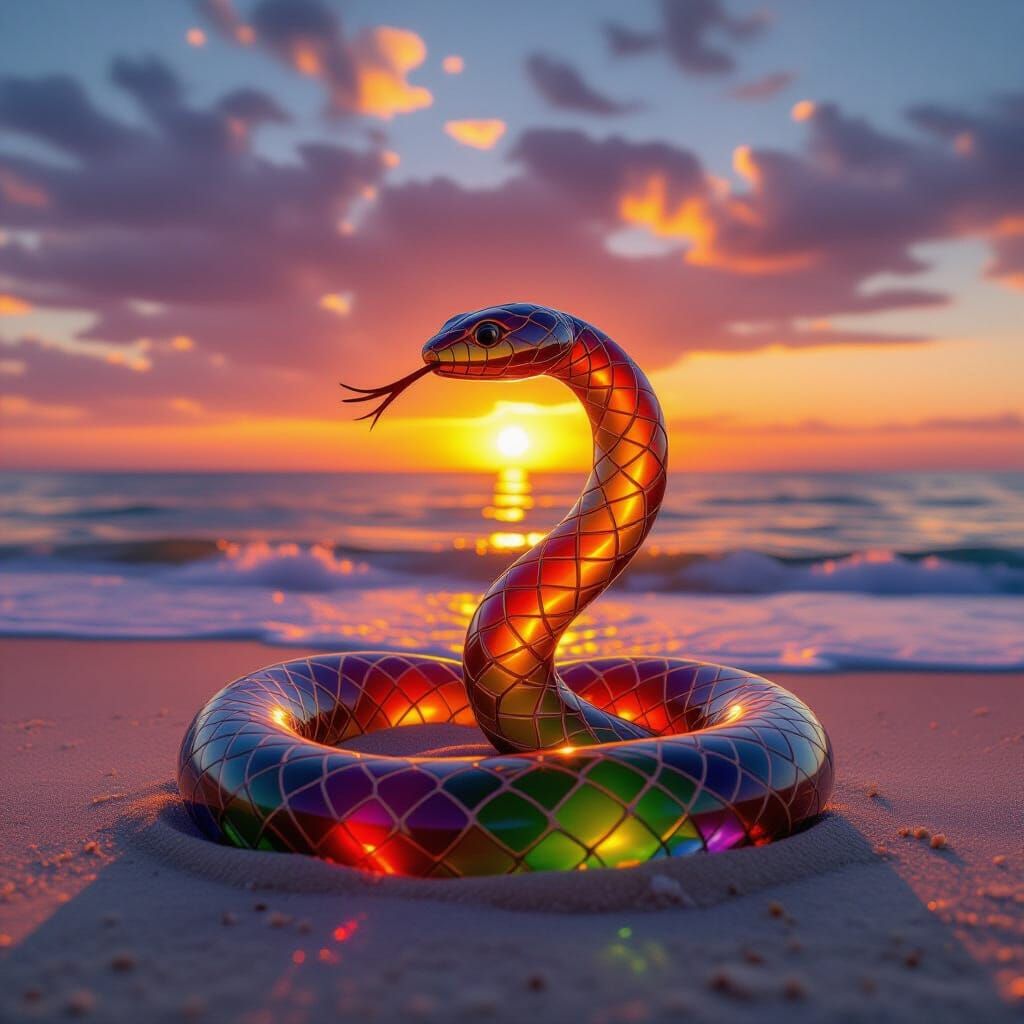 A sea glass snake sculpture watching a sunset painting art