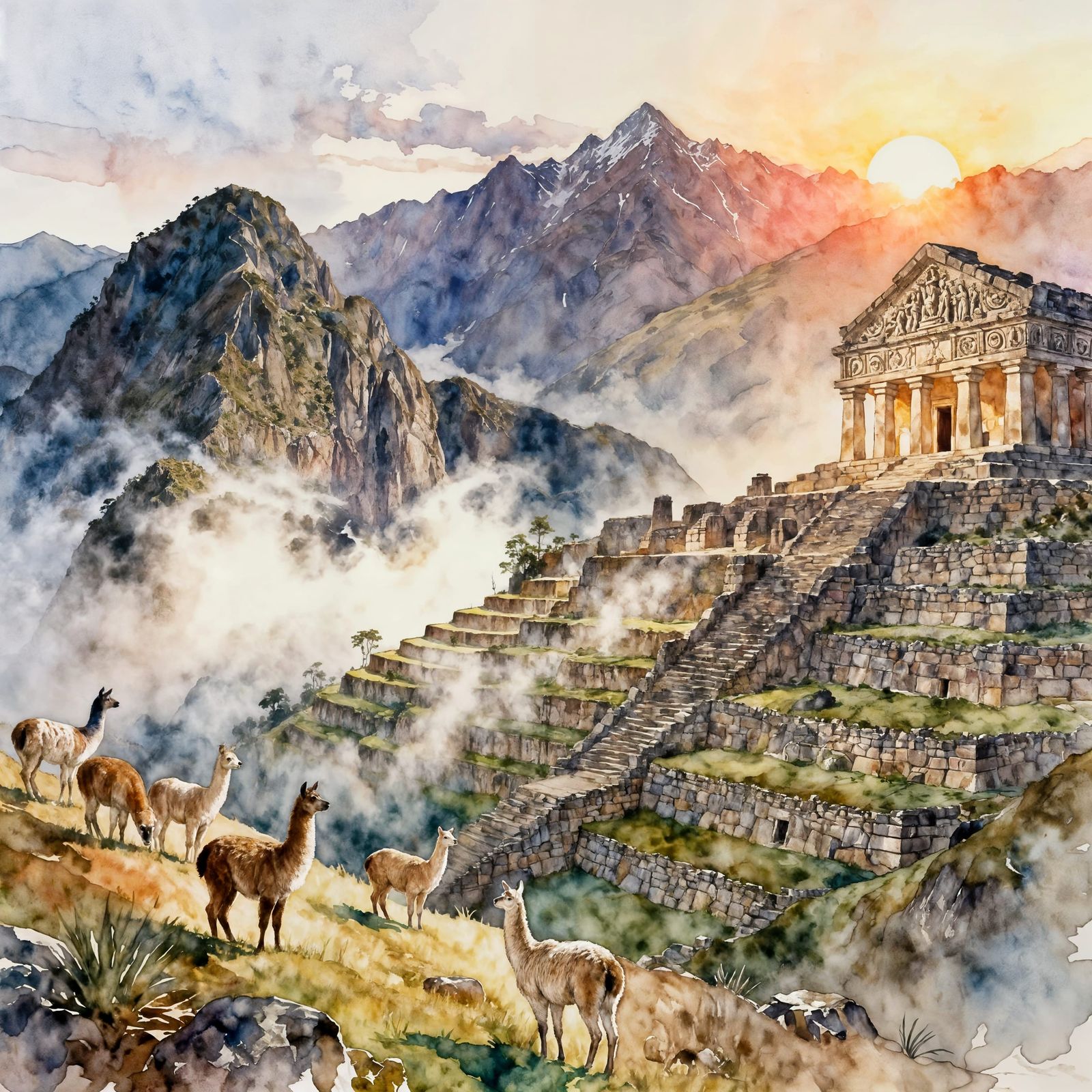 Incan City Sunrise Watercolor Masterpiece
