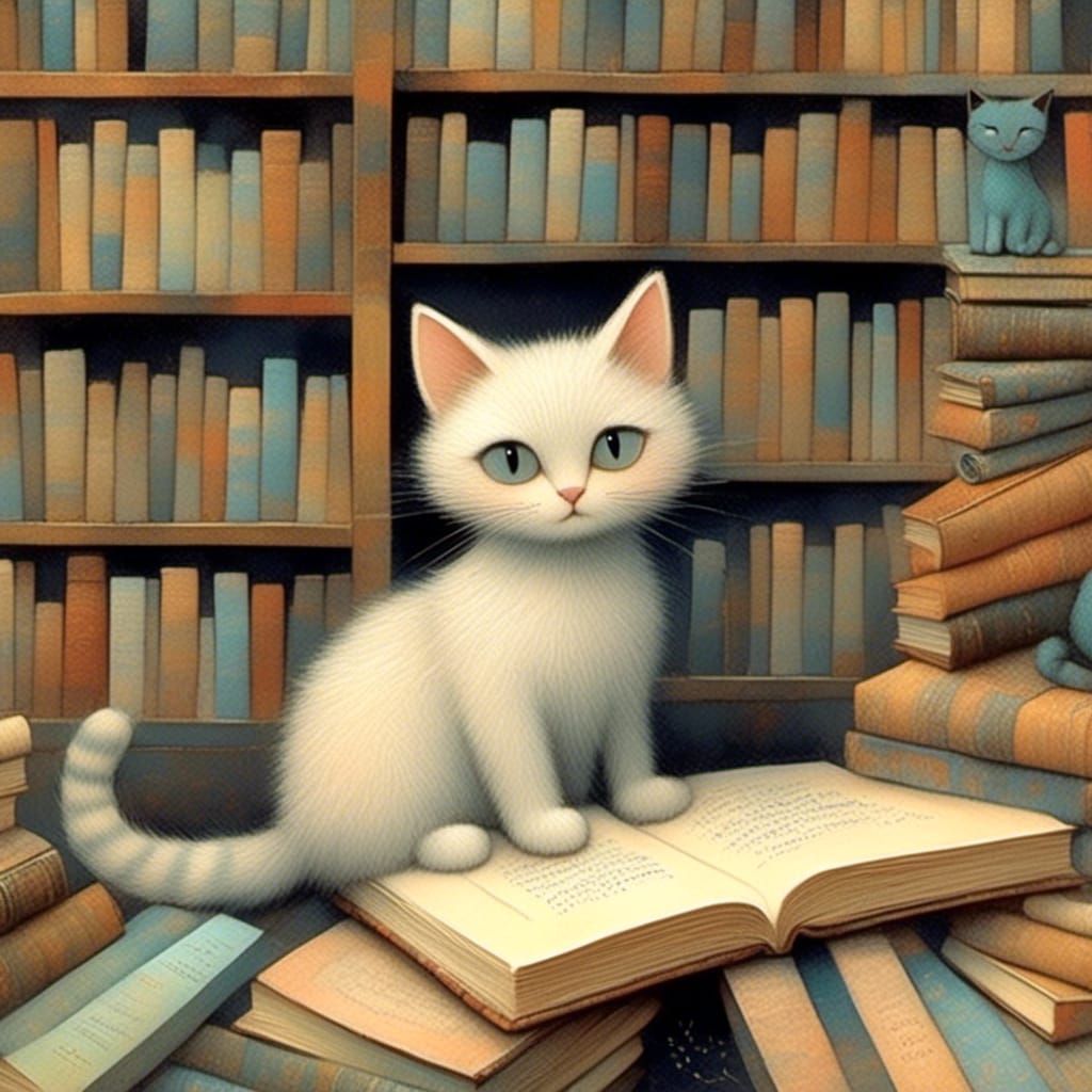 Cat in Bookshop: Whimsical Art Style