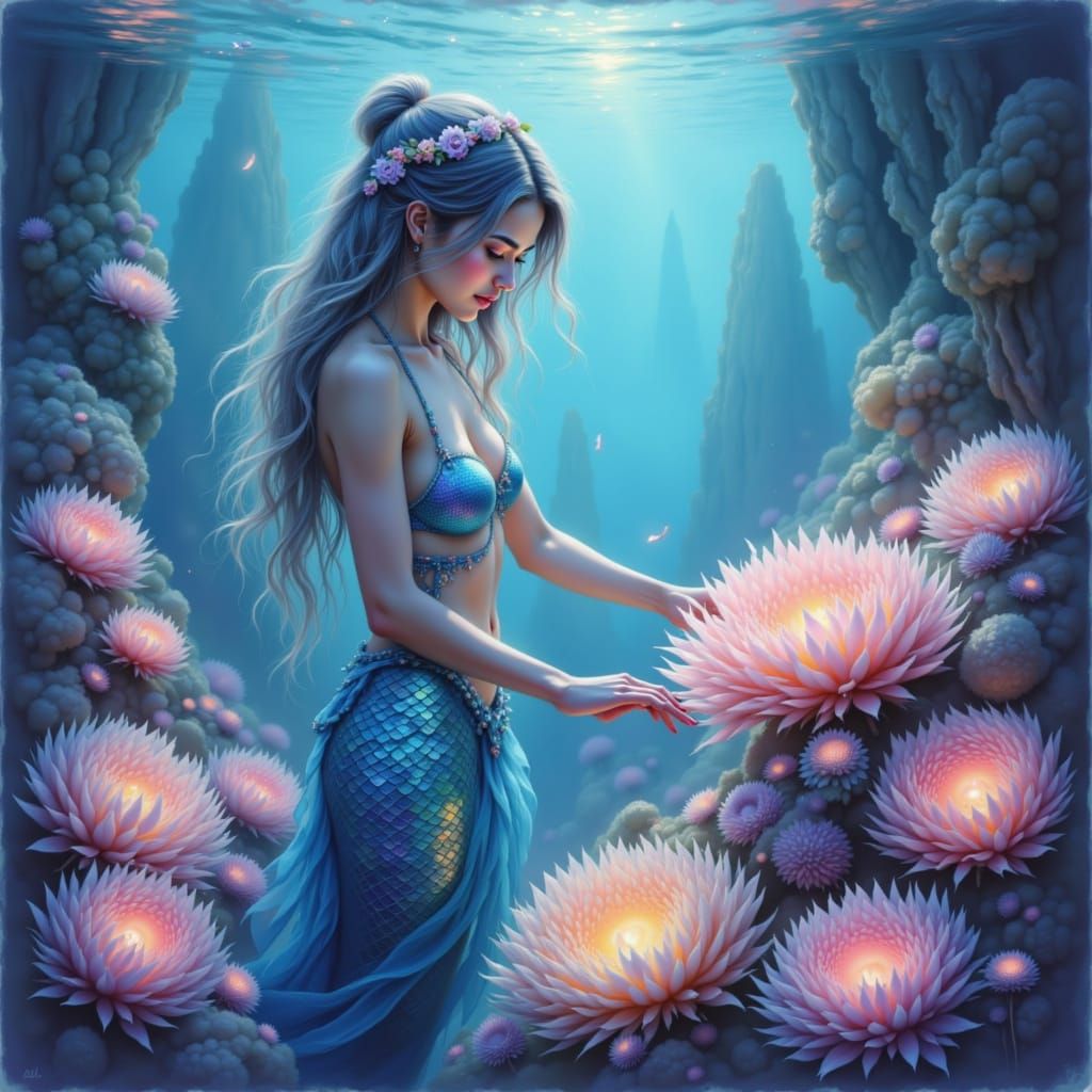 Chrome Mermaid's Bioluminescent Garden: Fantasy Concept Art