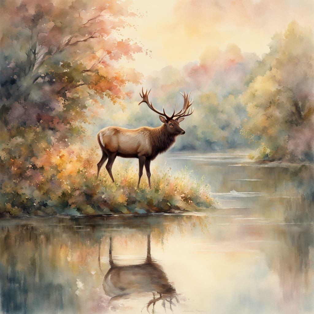 Ethereal Alpine Elk in Watercolour