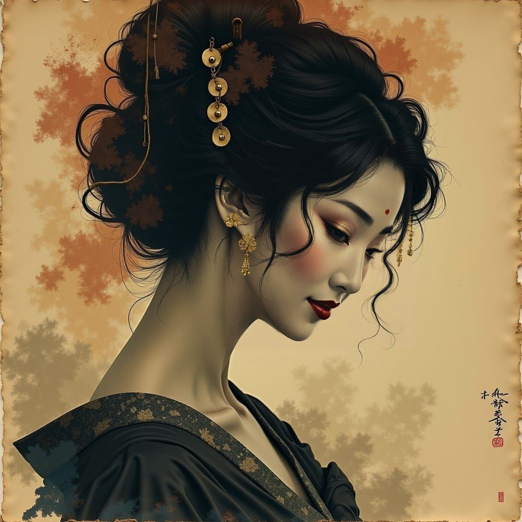 Serene Geisha in Ink-Washed Darkness, Classical Coiffure and...