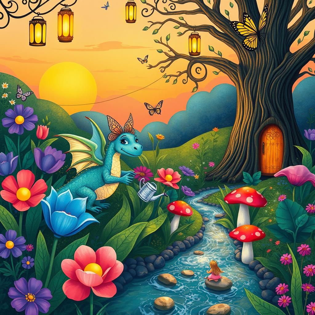 Dragon and Fairy Garden, Whimsical Illustration