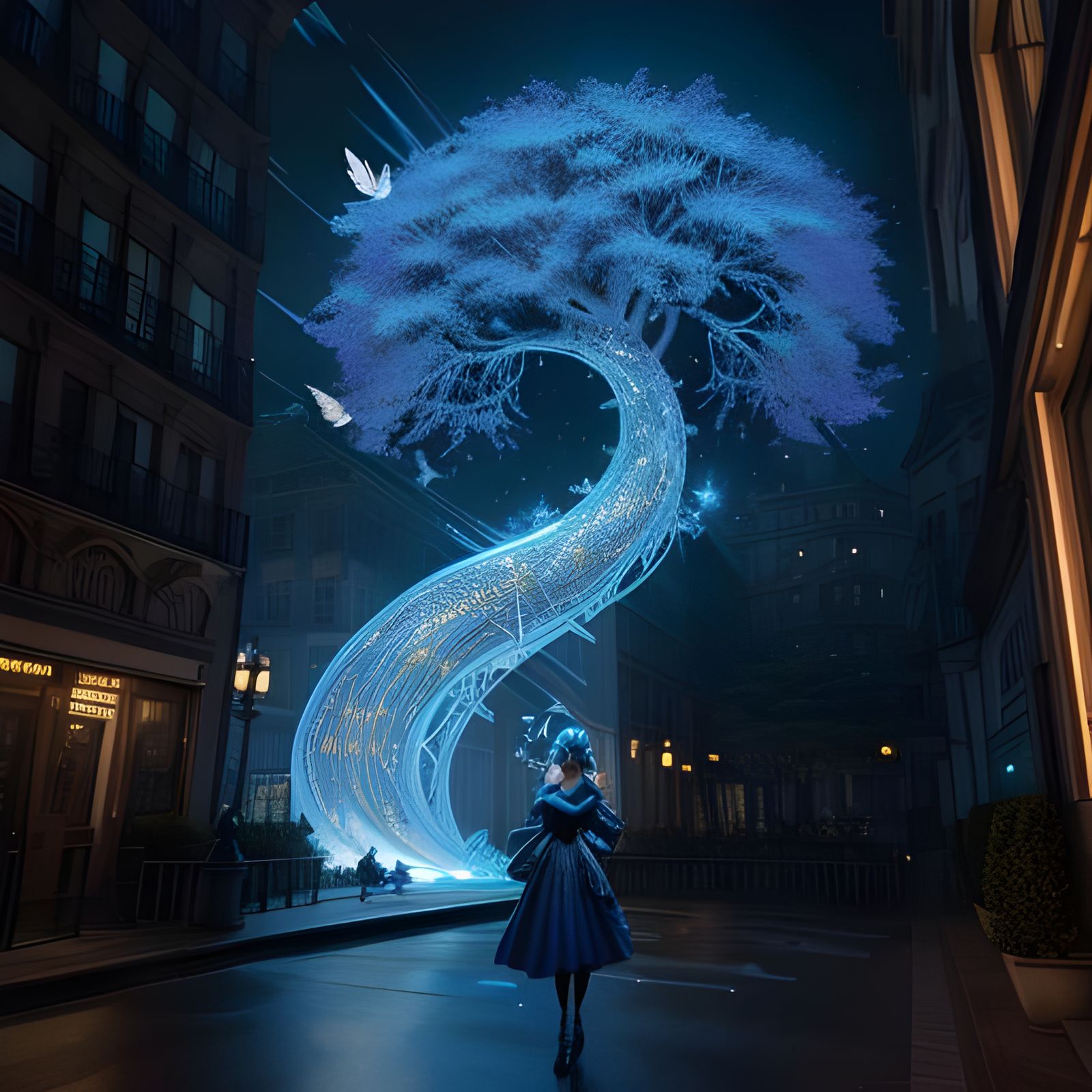 Whimsical City Lady Amidst Birds and Celestial Wonders