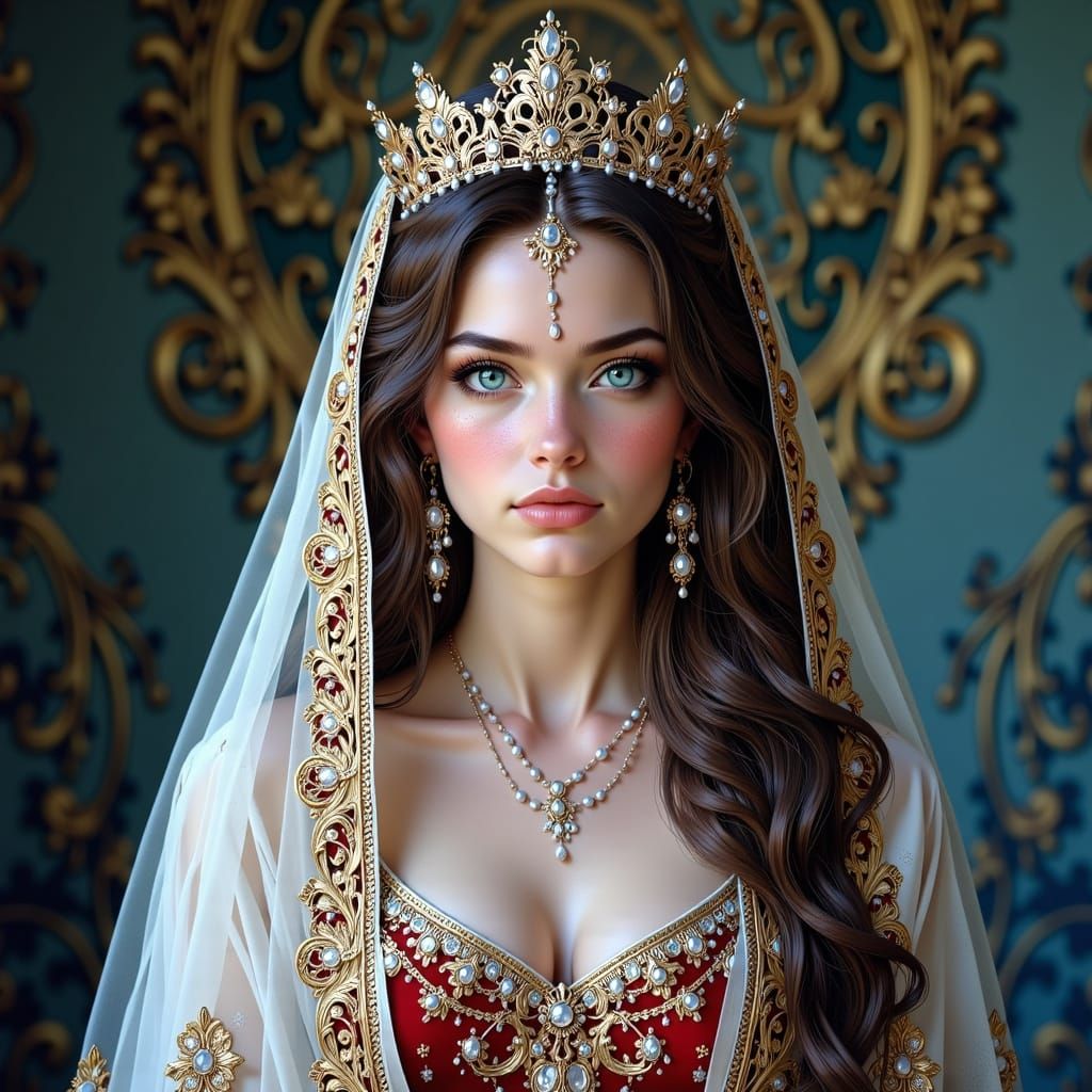 Tsarina Evdokija in Regal Kokoshnik and Veil