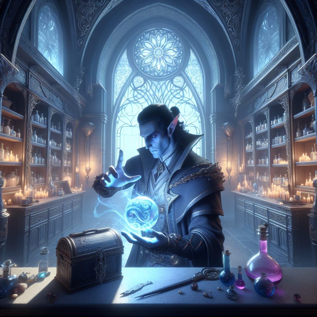 Tiefling Mage Summons Glass Golem in Dark Fantasy Art