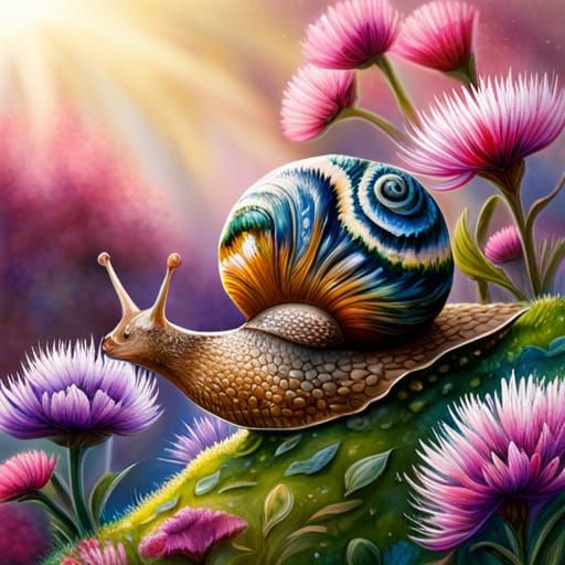 Colorful Snail in Wildflower Garden, Graffiti Art