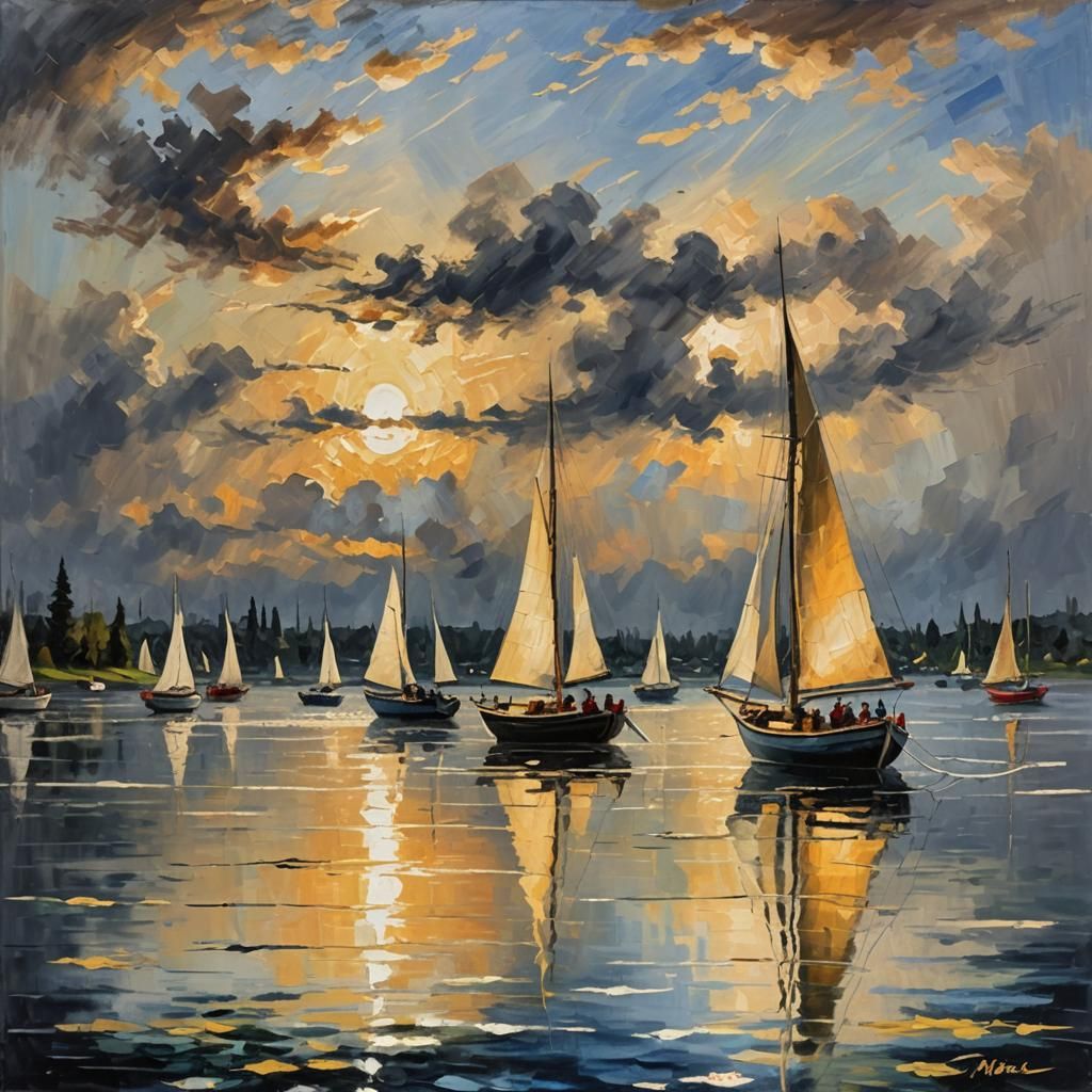 Impressionist Lake Scene with Boats in Golden Light