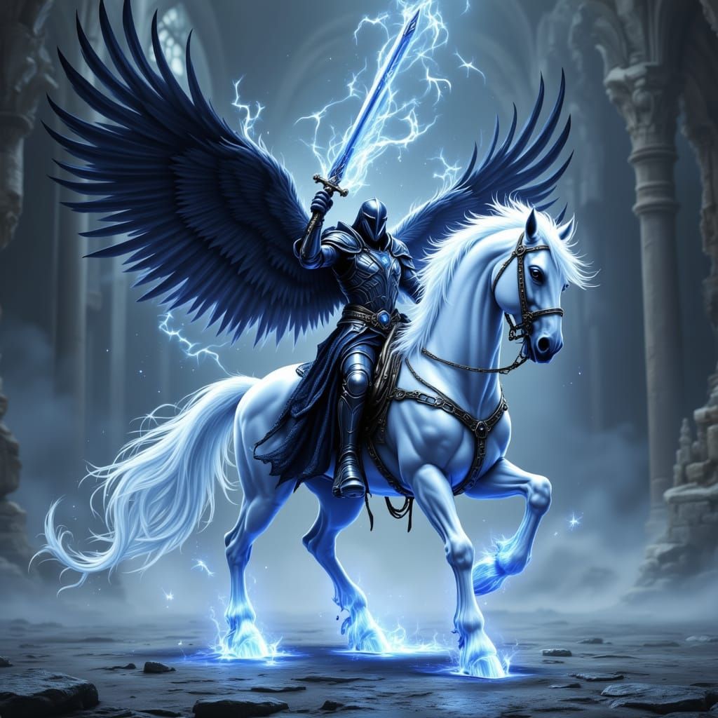 Dark Knight with Glowing Talon Wings and Electric Swirls